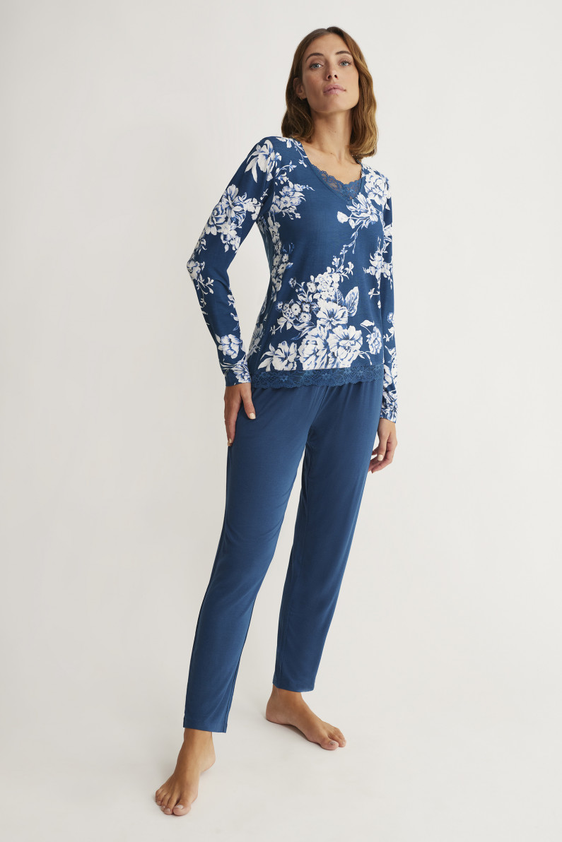 Pigiama Donna In Cotone Jersey Con Stampa Fumetto Blu - Set Pjs Morbido E Comodo Per Il Relax (Taglie S, M, L, XL)